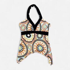Vintage Y2K Multicolored Geometric Tie Back Asymmetrical Hem Halter Tank Large